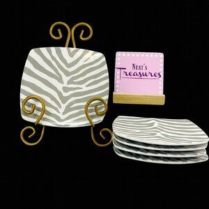 222 Fifth ZEBRA GREY White Square Porcelain Square Appetizer Bread Plates Set 5